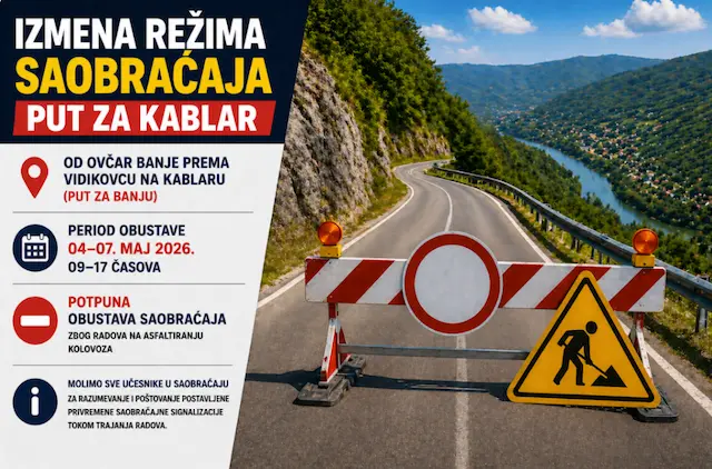 Od ponedeljka obustava saobraćaja ma putu od Ovčar banje ka Kablaru