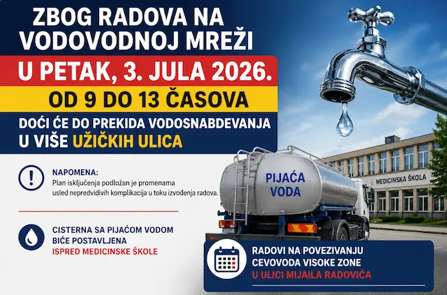 Zbog radova na vodovodnoj mreži više užičkih ulica u petak bez vode